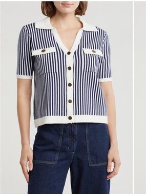 Striped Navy and White Short-Sleeve Button-Down Top